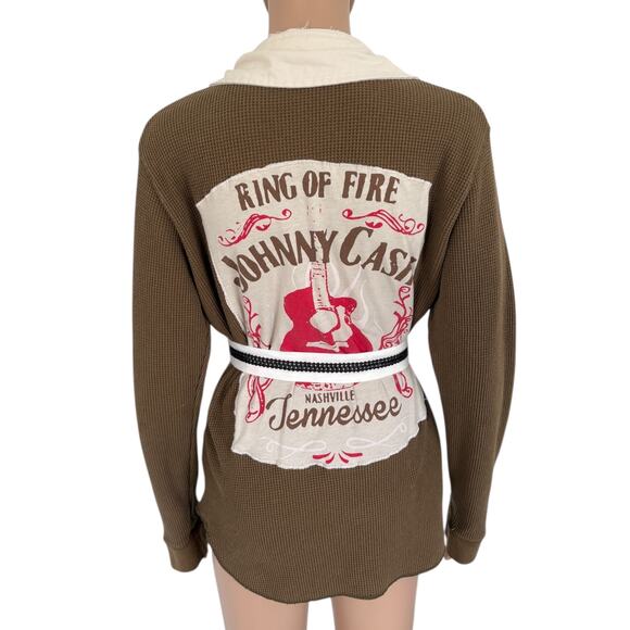 Upcycled Johnny Cash Waffle Knit Shirt Jacket Western Grunge Nashville L Green - Picture 5 of 8